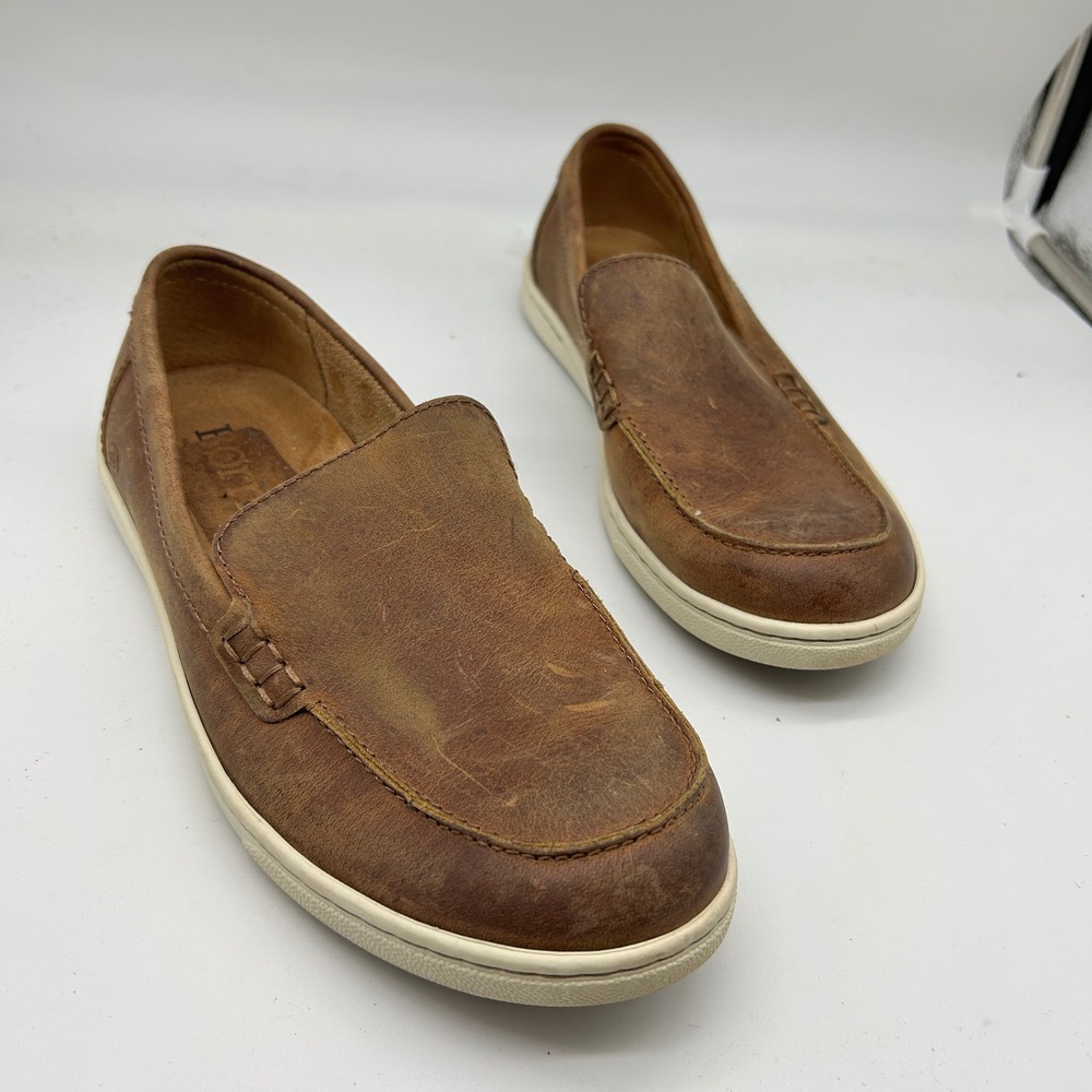 Born Axel Brown Distressed Leather Slip On Loafers‎ Moc Toe Men's Size 9.5